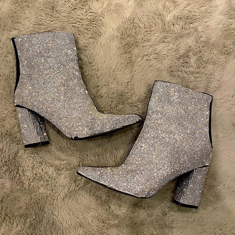 Bling Sparkly Rhinestone Diamond Point Toe Color Block Ankle Heel Boots